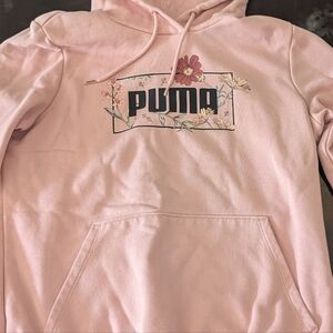 Puma Floral Logo Hoodie - Light Pink Women's Medium Drawstring Hoodie